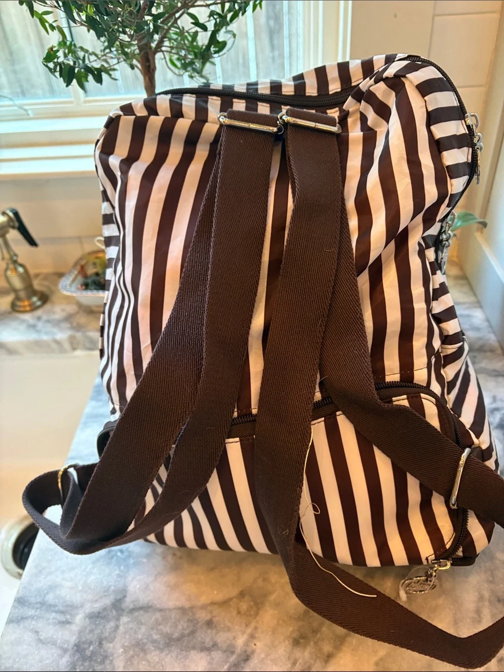 Henri Bendel  brown and White Striped Backpack